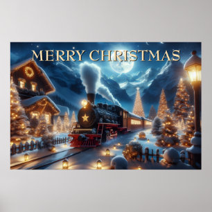Póster Tren de Navidad a través de un pueblo iluminado co
