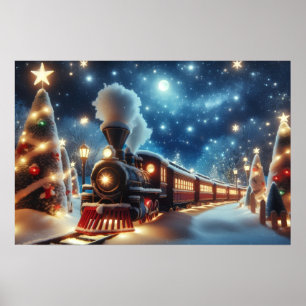Póster Tren de Navidad Bajo el Cielo Estrellado a la Luz 