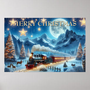 Póster Tren de Navidad iluminado por la luna con animales