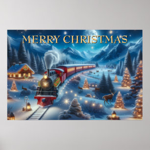 Póster Tren de Navidad Mágico Escena Invernal Nevada