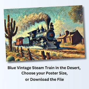 Póster Tren de vapor azul en el desierto, ferrocarril