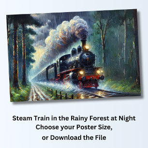 Póster Tren de vapor en el bosque lluvioso de noche, ferr