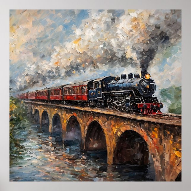 Póster Tren de vapor en un puente - pintura al petróleo (Frente)