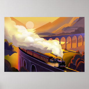 Póster Tren de vapor que atraviesa un puente en Escocia.