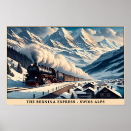 Póster Tren de vapor vintage en los alpes nevados