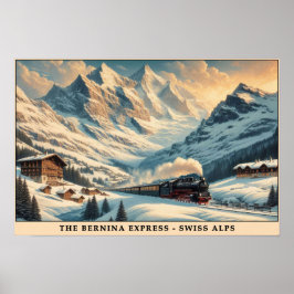 Póster Tren de vapor vintage en los alpes nevados