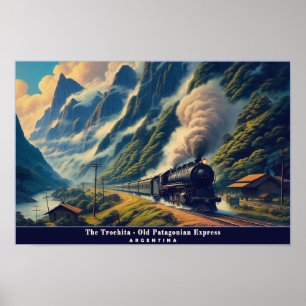Póster Tren de vapor vintage en montañas patagónicas