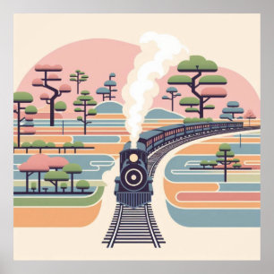 Póster Tren de vapor vintage en un bosque pastel de ensue