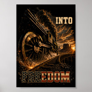 Póster Tren de Vapor Vintage Hacia la Libertad Bandera Am