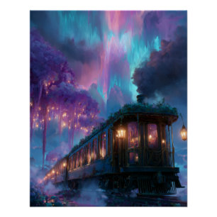 Póster Tren Encantado Aurora Bajo el Cielo Estrellado