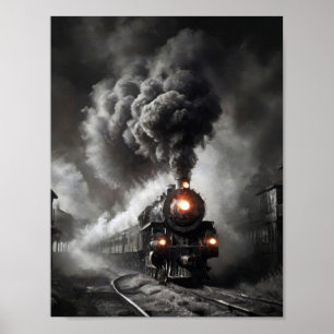 Póster Tren fantasma de vapor en una oscura noche de torm