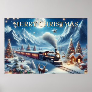 Póster Tren mágico de Navidad en montañas nevadas