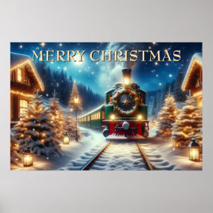Póster Tren verde de Navidad en pueblo nevado
