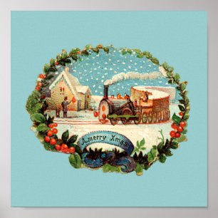 Póster Tren y estación de la escena del invierno del