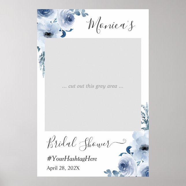 Póster Trendy Dusty Blue Floral Bridal Shower Photo Booth (Frente)