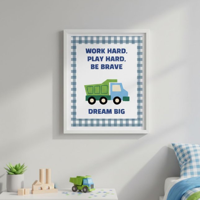Póster Trendy Gingham Blue Work Hard Play Hard Boys Room  (Subido por el creador)
