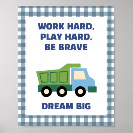 Póster Trendy Gingham Blue Work Hard Play Hard Boys Room