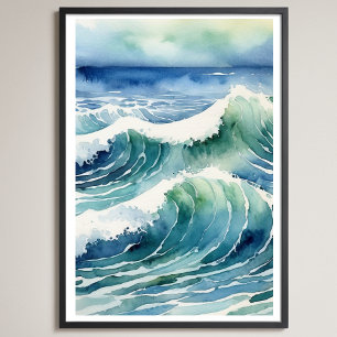 Póster Trendy Watercolor Ocean Beach Wave