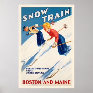 Póster Trenes de Nieve Esquiando Boston y Maine Esqui Ant
