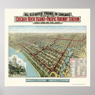 Póster Trenes Elevados de Chicago, Mapa Panorámico de IL 
