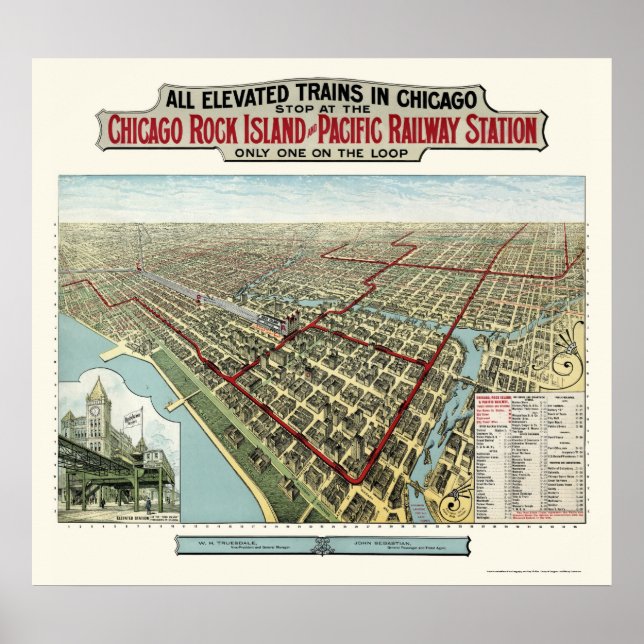 Póster Trenes Elevados de Chicago, Mapa Panorámico de IL  (Frente)