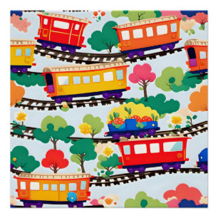 Póster Trenes y árboles lindos patrón azul