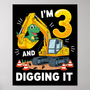 Póster Tres 3 años Cumpleaños Construcción Dinosaurio Niñ