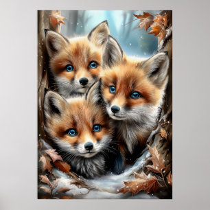 Póster Tres adorables zorritos en el bosque