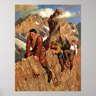 Póster Tres alpinistas en cima de montaña, divertido vint