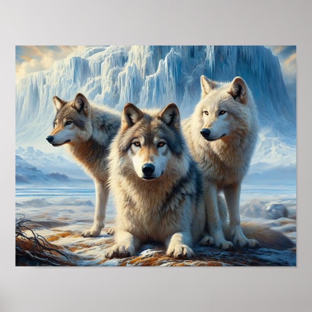 Póster Tres bellos lobos árticos en la Glaciar Tundra (Frente)