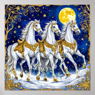 Póster Tres Caballos Blancos Bajo el Cielo Nocturno Estre