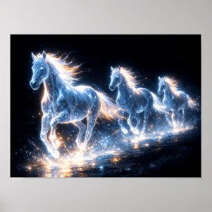 Póster Tres caballos brillantes corriendo en la oscuridad