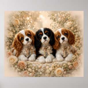 Póster Tres cachorros de Cavalier King Charles Spaniel ju
