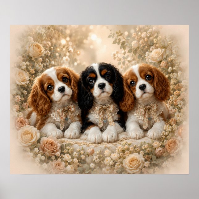 Póster Tres cachorros de Cavalier King Charles Spaniel ju (Frente)