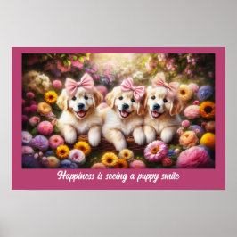 Póster Tres Cachorros Golden Retriever con flores