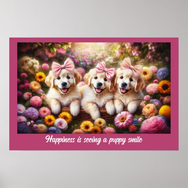 Póster Tres Cachorros Golden Retriever con flores (Frente)