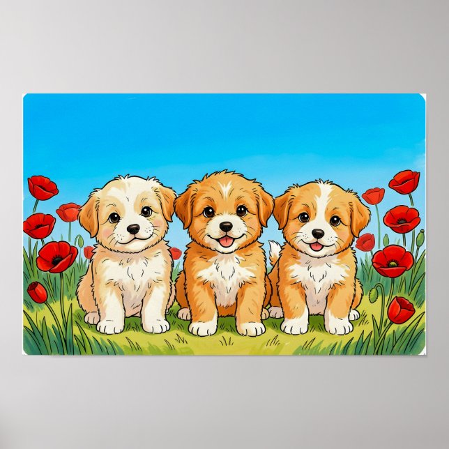 Póster Tres cachorros lindos y amapolas rojas (Frente)
