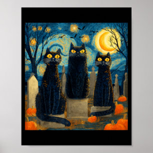Póster Tres Calabazas Gatos Negros Noche Estrellada Van G