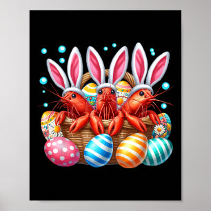 Póster Tres Camarones de conejo de Pascua cazando huevos