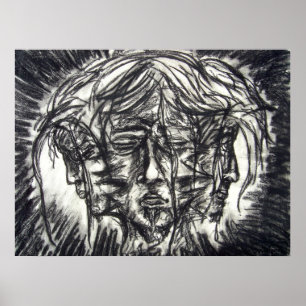 Póster Tres Caras de Enfermedad Mental Dibujo al Carbón