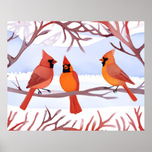 Póster Tres cardenales rojos en ramas nevadas