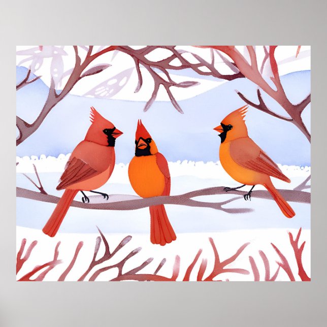 Póster Tres cardenales rojos en ramas nevadas (Frente)