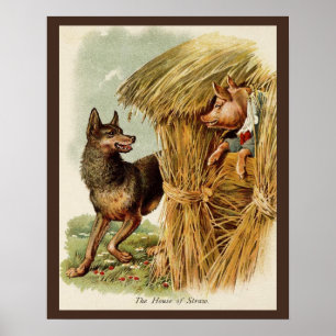 Póster Tres cerditos lobo malo, cuento de hadas vintage