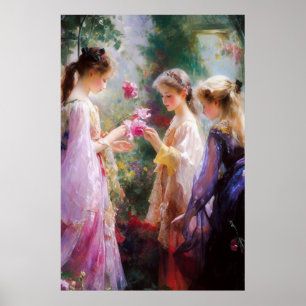 Póster Tres chicas jugando en el jardín