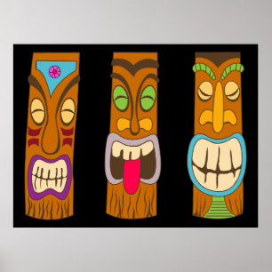 Póster Tres estatuas de Tiki de madera, divertidas negras