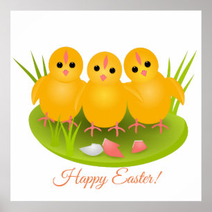 Póster Tres gallinas amarillas felices de Pascua