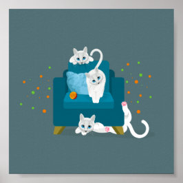 Póster Tres gatos blancos geométricos jugando alrededor d