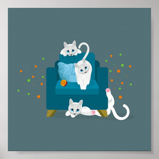 Póster Tres gatos blancos geométricos jugando alrededor d (Frente)