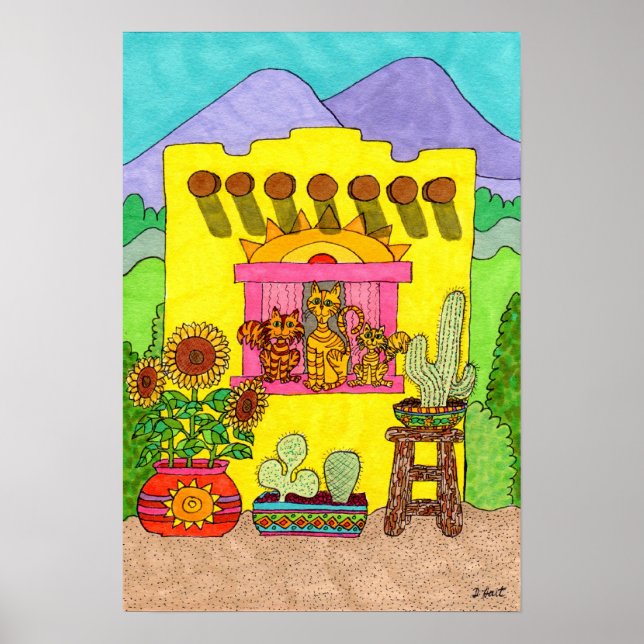 Póster Tres gatos en una casa de Adobe amarillo (Frente)