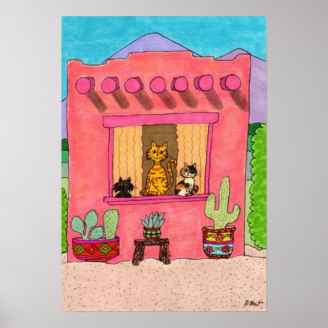 Póster Tres gatos en una casa rosa de Adobe (Frente)